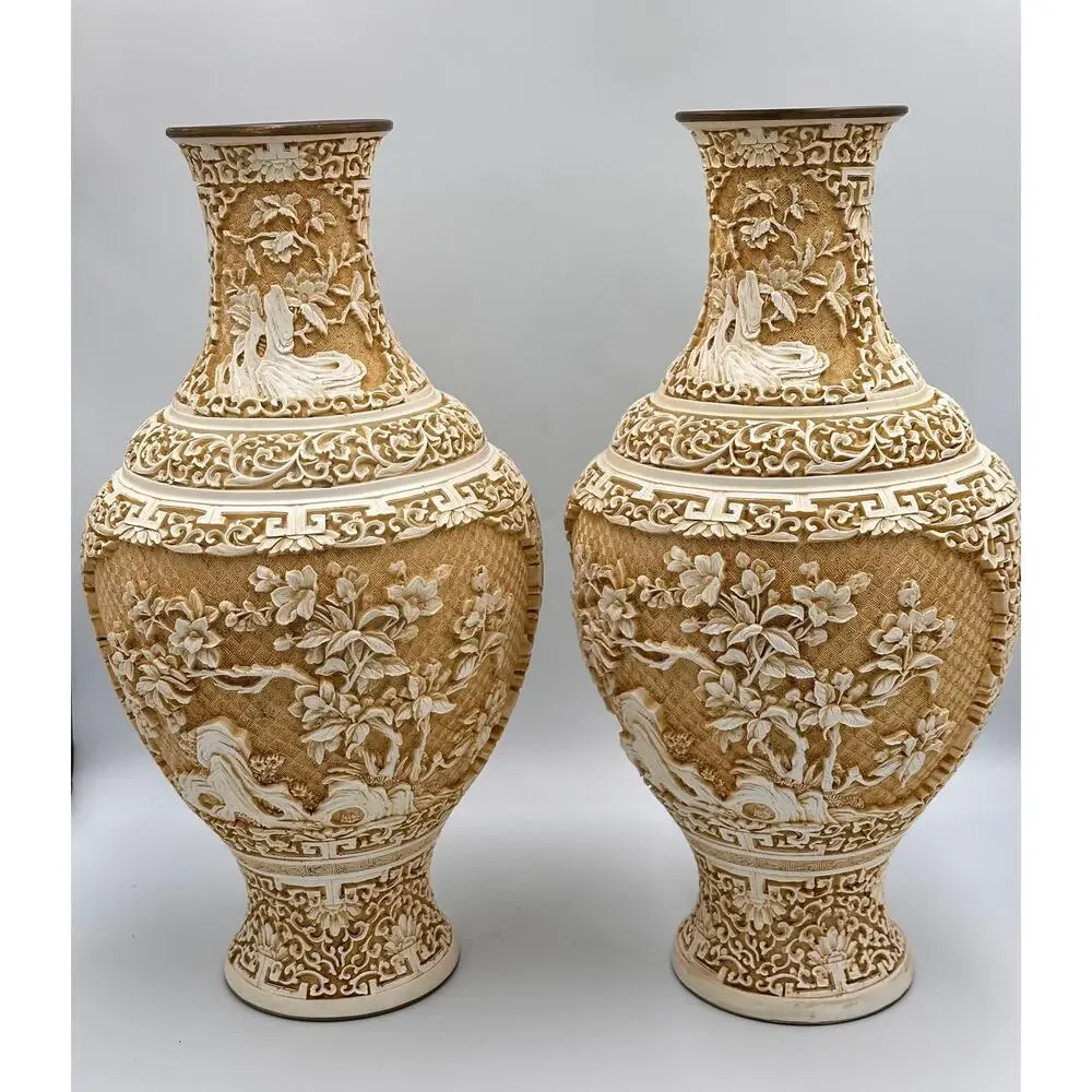 Antique Chinese Hand Carved Lacquered Cinnabar Over Brass Floral Motif Vase Set
